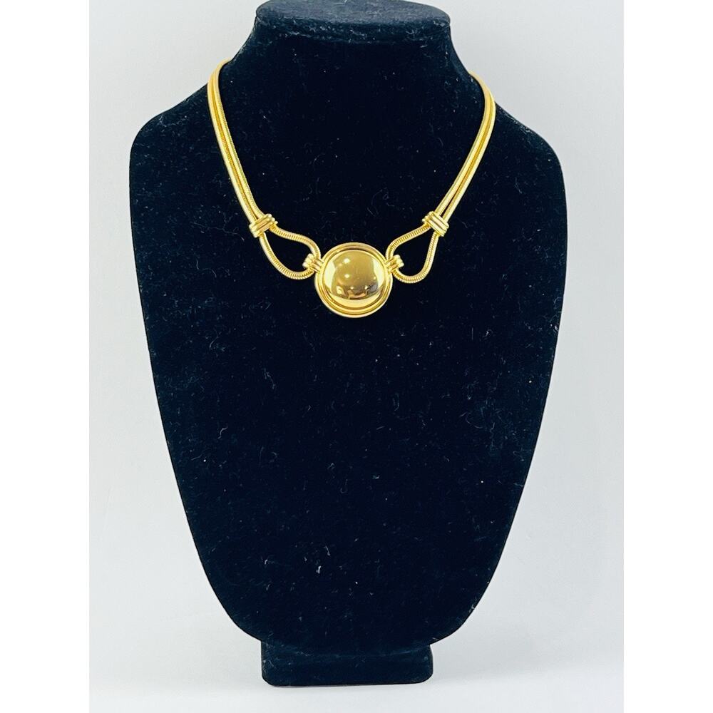 Vintage Monet Gold Tone Double Snake Chain Necklace Round Chunky Medallion Hook